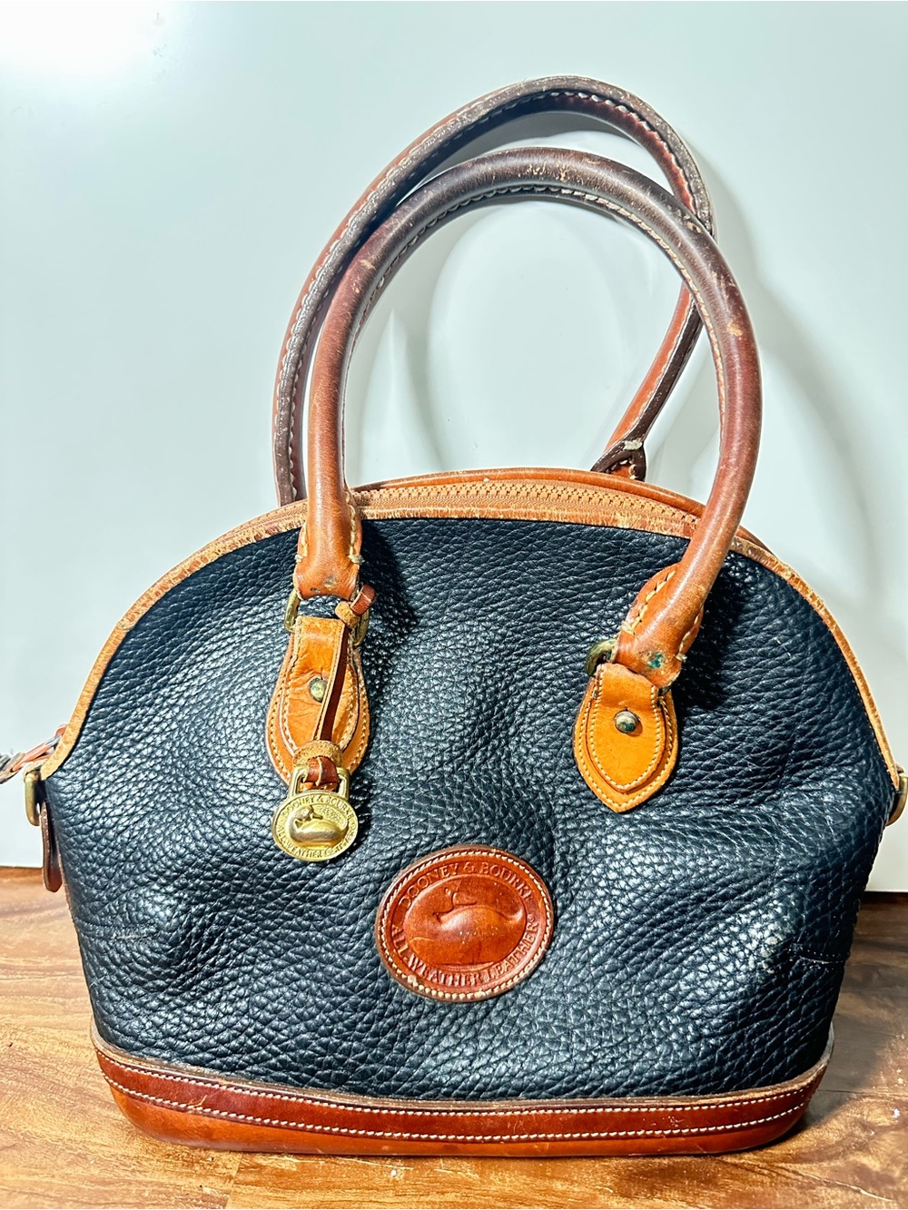 Vintage Dooney & Bourke All-Weather Leather Satchel Doctor Bag Black Tan Brass